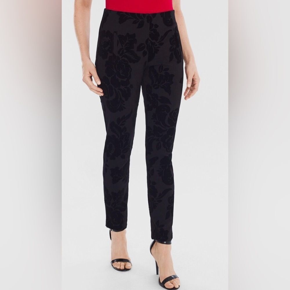 CHICO'S Black Ponte JULIET FLOCKED FLORAL ANKLE PANTS Slim-Leg Pull-On size 1
